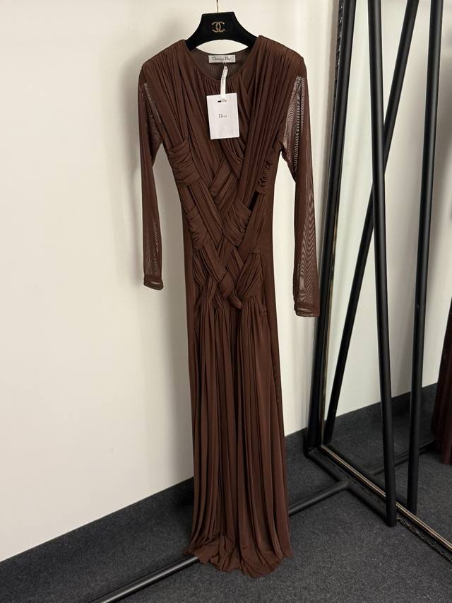 款号20258169 Dio*新款 复古设计流苏开叉编织网纱长袖连衣裙 长裙，咖色，S-Xxl， L码：胸围80，袖长60，长145；重量：0.765Kg