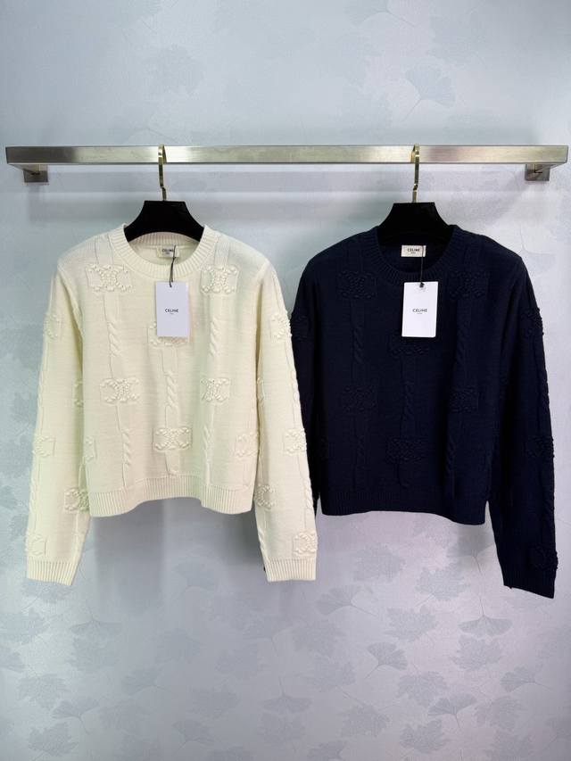 25冬季Celin*女装新款亲肤厚实羊绒，圆领凯旋门图案+立体针法，时尚气质百搭长袖 黄色 红色 白色 宝蓝4色 尺码Sml T226B.