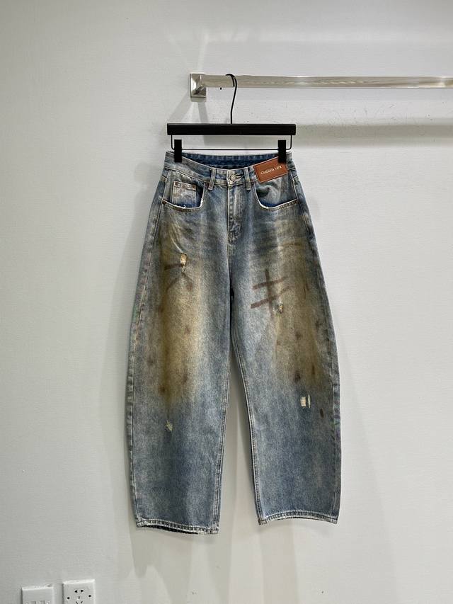 25Ss冬季新款上新！泼墨+脏染工艺，渐变色彩超有层次感。腰围小皮牌 宽松阔腿版型，后口袋格子设计 日常穿搭或街头造型都很出彩！现货供应蓝色Sml