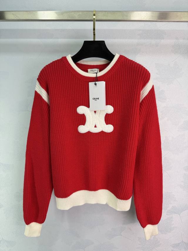 Ce*2025秋冬新款百搭凯旋门套头毛衣！定制羊毛针织材质 质感高级 舒适柔软 肌理明显 圆领落肩长袖毛衣突出温柔气质 领口袖口螺纹包边 胸前白色凯旋门标识装饰