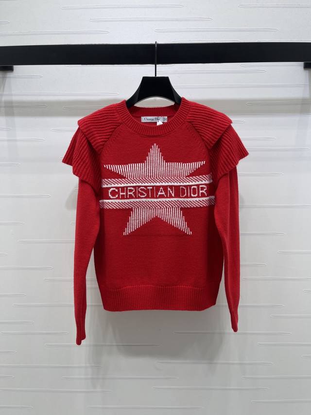 上新原单高端品质 Dio* 2025秋冬最新系列！花边袖套头针织长袖毛衣！定制进口羊毛针织材质 细腻柔软舒适 通体螺纹包边收紧处理 配合飞袖荷叶花边设计 增添造