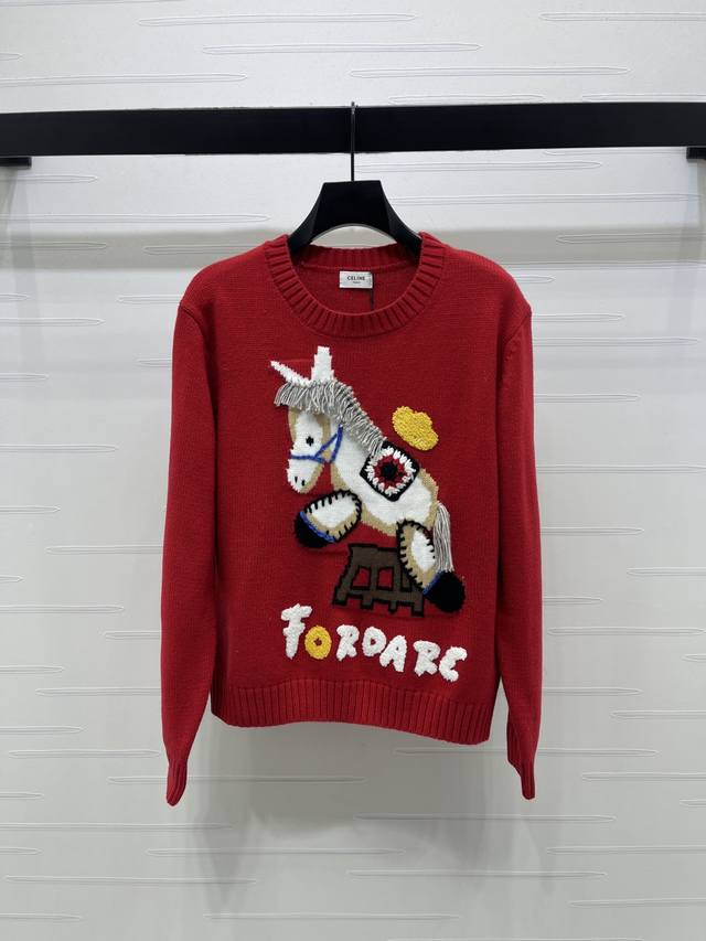 上新原单高端品质Fordar*2026早春最新系列！马年限定 圆领套头毛衣！定制羊毛纱线织造，穿搭舒适，质感十足，圆领针织套头毛衣裁剪，居中勾勒彩色小马造型字母