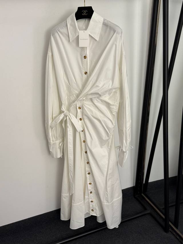 款号20259337 Zimmermann*新款 不规则纽扣蝴蝶结绑带收腰灯笼长袖衬衫连衣裙 长裙，白色，卡其色，S-Xl， M码：肩宽59，胸围108，腰围8