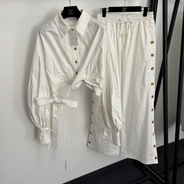 款号20259335 Zimmermann*新款套装，蝴蝶结绑带气质灯笼长袖短款衬衣+侧边纽扣开叉松紧腰阔腿长裤，白色，S-Xl， L码：肩宽63，胸围108，