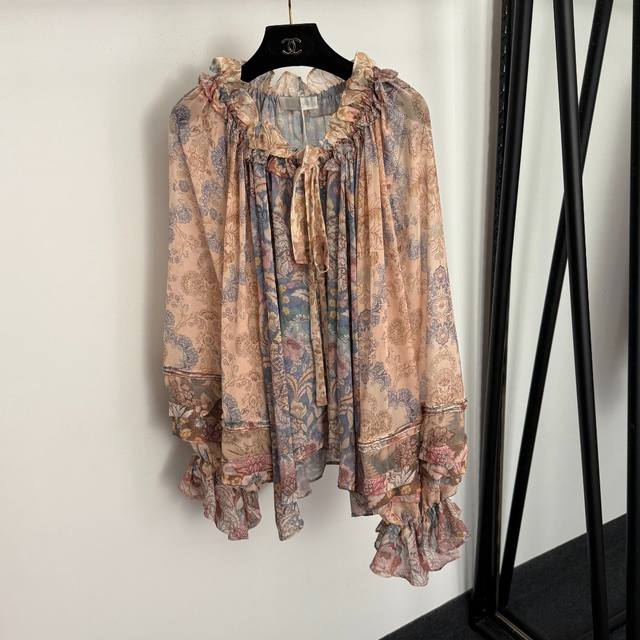 款号20259333 Zimmermann*新款 复古花朵印花 系带木耳领灯笼长袖衬衣上衣，配吊带里衬，浅粉色，S-Xl， M码：胸围86，长32；胸围146，