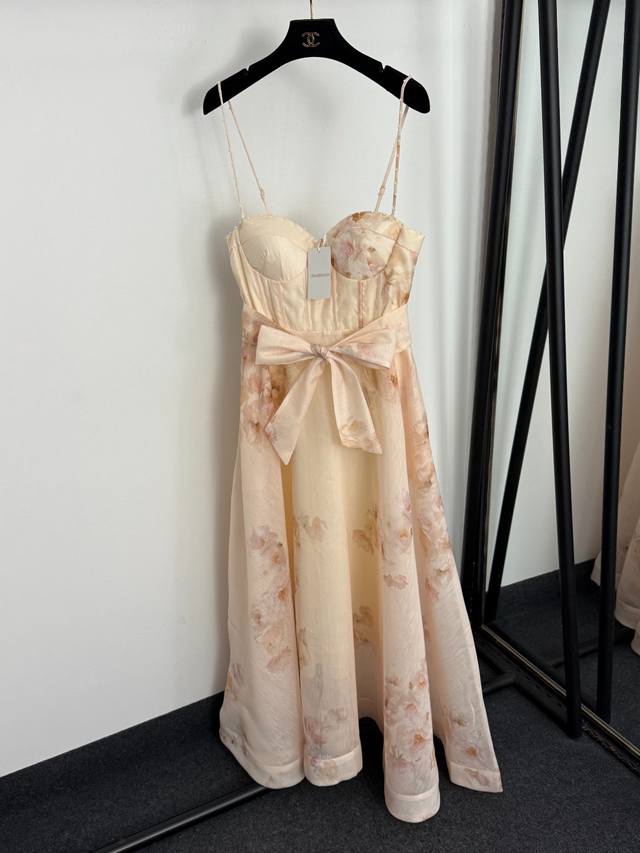 款号20259332 Zimmermann*新款 清新花朵印花 钉珠抹胸吊带丝麻连衣裙 长裙，杏色，S-Xl， M码：胸围80弹力，腰围74弹力，长118；重量