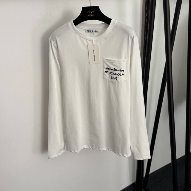 款号20259314 Acne Studio*新款 字母印花单口袋纯棉长袖T恤，白色，藏蓝色，Sml， M码：肩宽41，胸围94，袖长63，长67；重量：0.2