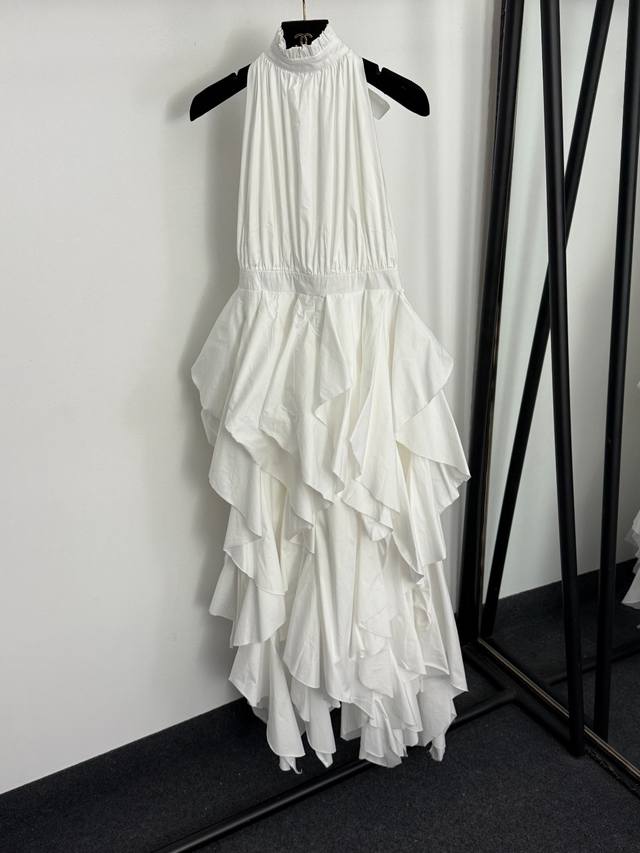 款号20259293 Zimmermann*新款 不规则荷叶摆 高领挂脖露背连衣裙 无袖蓬蓬礼服裙，白色，玫红色，黄色，黑色，S-Xxl， M码：腰围74，长1
