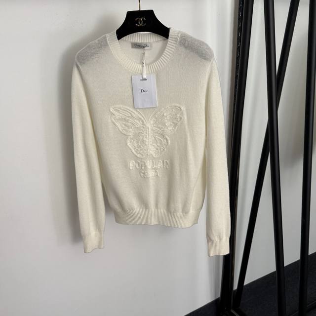 款号20259284 Dio*新款 蝴蝶刺绣长袖羊毛羊绒针织衫上衣，米白色，粉色，蓝色，灰色，Sml， M码：肩宽39，胸围94，袖长61，长59；重量：0.1