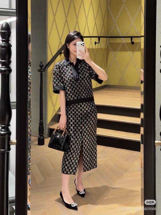 半裙 Gucc*新款 G家高端精品定制通体闪丝混纺面料高温重工Gg烫钻开叉中长款包臀半身裙！黑色， S码：腰围66，臀围86，裙长79