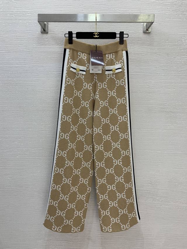 裤子 Gucc*新款 菱格Gg字母提花撞色条纹边橡筋松紧腰弹力针织阔腿裤长裤！浅粉色、卡其色、 M码：腰围62可弹力，臀围84可弹力，裤长98
