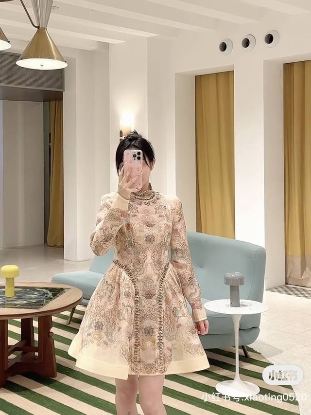 Zimmerma*N兹默曼澳洲品牌 高端定制重工绣珠装饰花卉印花、内里网纱裙撑蓬蓬大摆收腰显瘦立领长袖连衣裙送腰绳！1.2.3.4 Smlxl 4码：胸围100