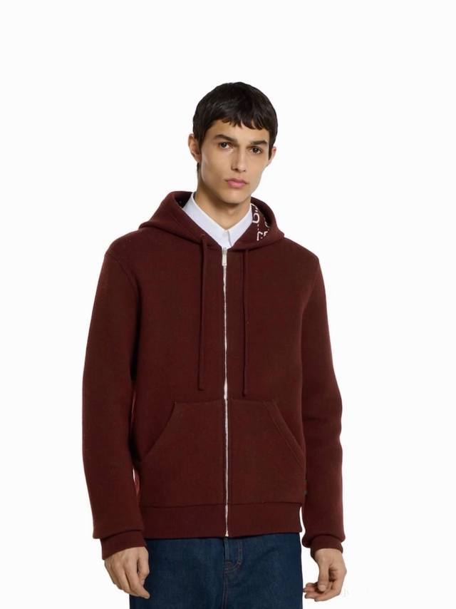 男女同款双面可穿高版本Gucc*新款高端定制Logo钢印拉链头通体Gg字母老花提花宽松百搭抽绳连帽针织外套开衫上衣！酒红、灰色、 M码：肩宽48，胸围108，袖