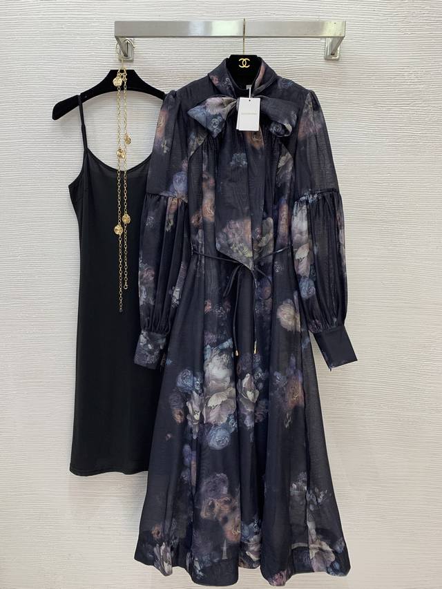 Zimmerma*N 兹默曼澳洲品牌 高端定制水墨晕染花卉印花灯笼袖拼接搭配腰带收腰显瘦立领长袖长款连衣裙纯色内搭吊带打底裙！黑色，1.2.3.4 Smlxl