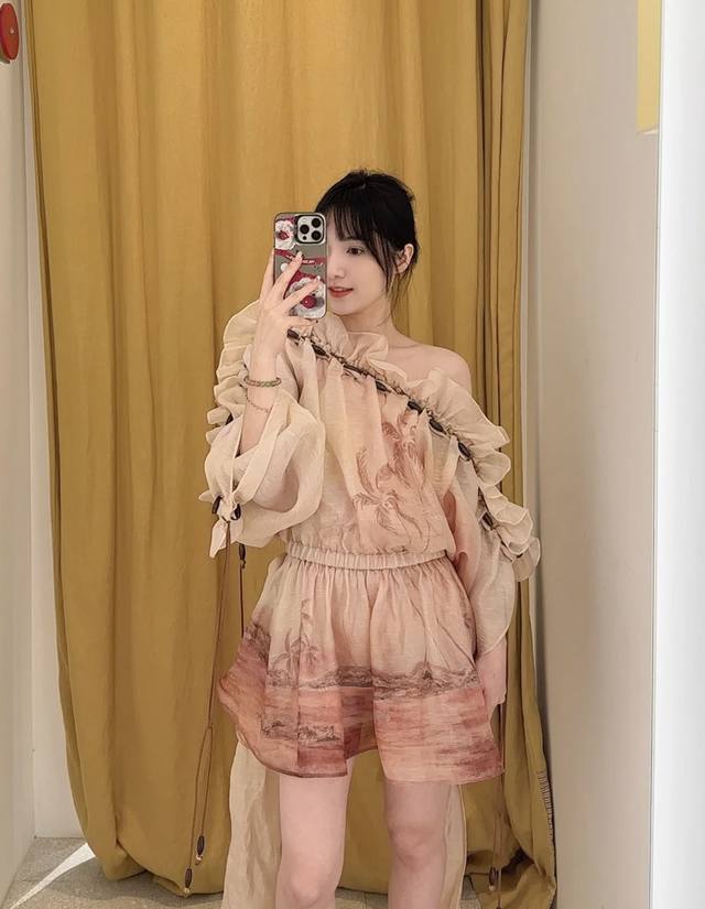 Zimmerma*N 兹默曼澳洲品牌高端定制度假风椰树夕阳渐变晕染印花珠子编织装饰宽松显瘦松紧腰不规则斜肩连衣裙配送宽腰带纯色抹胸内搭打底裙！1.2.3.4 S