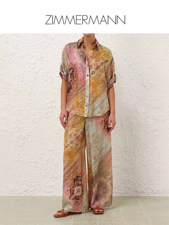 Zimmerma*N 兹默曼澳洲品牌 高端定制真丝混纺光滑丝缎面料渐晕染染印花时尚两件套装！定制纽扣宽松系扣翻领七分袖衬衣抽绳松紧腰宽松阔腿裤长裤！1.2.3.