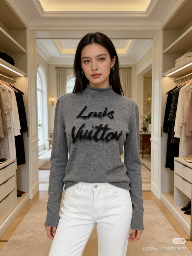 Louis*驴家Lv新款 高端定制100%羊毛纱线面料、字母Logo提花拉毛工艺卷边设计修身显瘦立领长袖针织衫打底上衣！米白色、驼色、灰色、 M码：肩宽39，胸