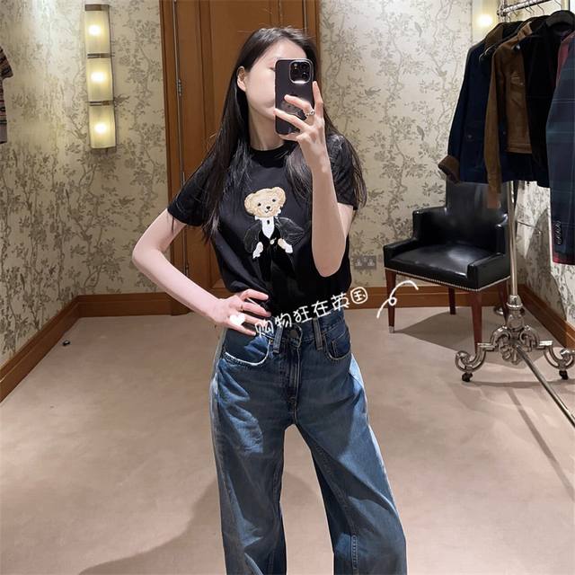 拉夫劳伦Rl*26春夏新款高端定制精选优质棉面料、皮衣小熊刺绣图案小版型修身圆领短袖T恤上衣！黑色， M码：肩宽43，胸围92，袖长16，衣长61