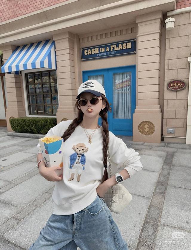 拉夫劳伦Rl*新款上新高端定制银丝混纺纱线面料、蓝衣牛仔帽刺绣小熊Rl徽标装饰圆领套头长袖针织衫上衣！米色、灰色、 M码：肩宽36，胸围92，袖长60，衣长60