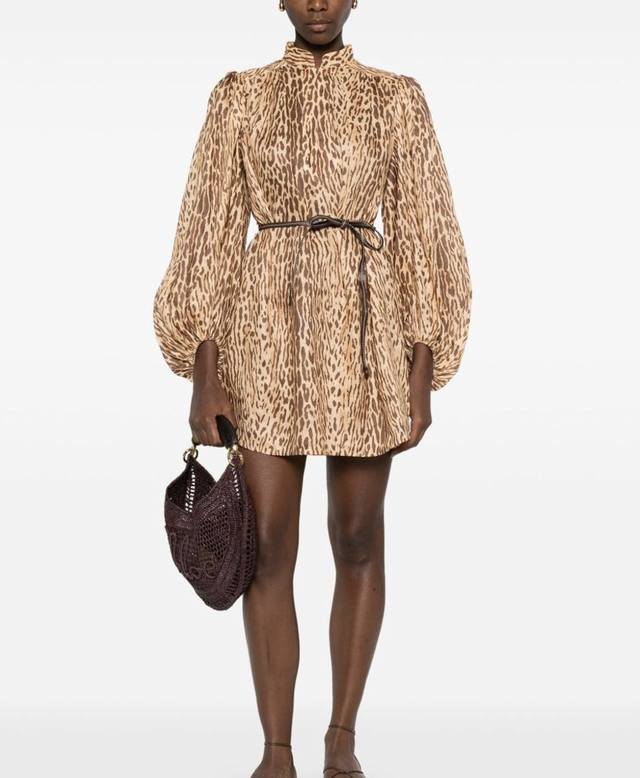 Zimmerma*N兹默曼澳洲品牌定制棉麻混纺面料、时尚豹纹印花开叉前襟立领宽松显瘦长袖连衣裙腰带腰绳！ M码：肩宽38，胸围102，袖长69，裙长94