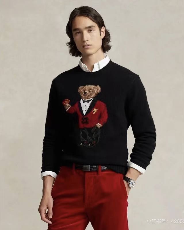 Ralph Laure*拉夫家Rl新款高端定制羊毛混纺纱线面料、红色盘扣西装礼服小熊Rl徽标装饰圆领套头长袖针织衫上衣！黑色、杏色， M码：肩宽36，胸围88，