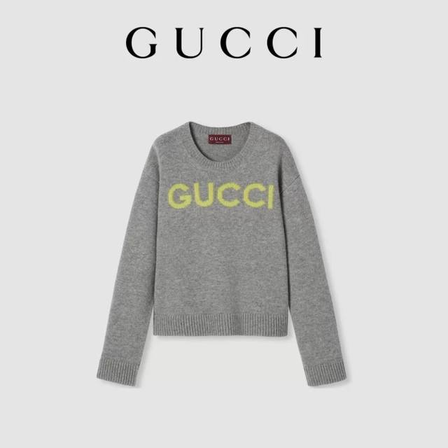 Gucc*新款高端定制100%羊毛纱线面料、胸前字母Logo徽标时髦百搭套头长袖针织衫上衣！绿色、灰色、 M码：肩宽44，胸围90，袖长55，衣长56