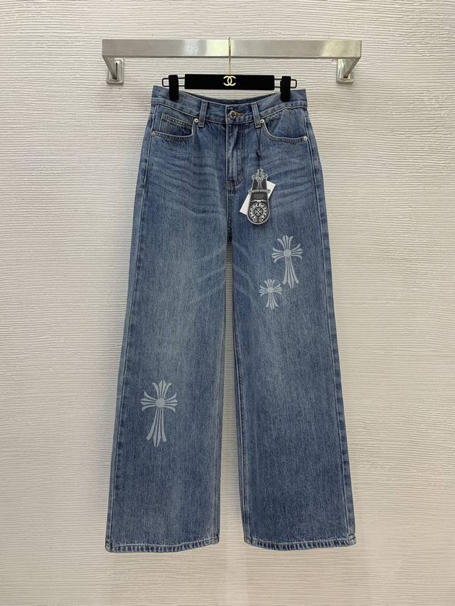 克罗心*新款 高端定制洗水牛仔棉面料、经典十字架印花后臀大Logo徽章宽松百搭阔腿牛仔裤长裤！ M码：腰围70无弹力，裤长105