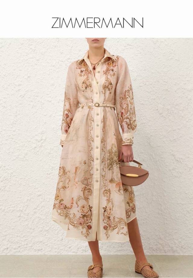 Zimmerma*N兹默曼澳洲品牌 高端定制花朵复古印花前排系扣翻领长袖收腰显瘦长款连衣裙纯色内搭高弹力吊带打底裙配腰带！1.2.3.4 Smlxl 2码：肩宽
