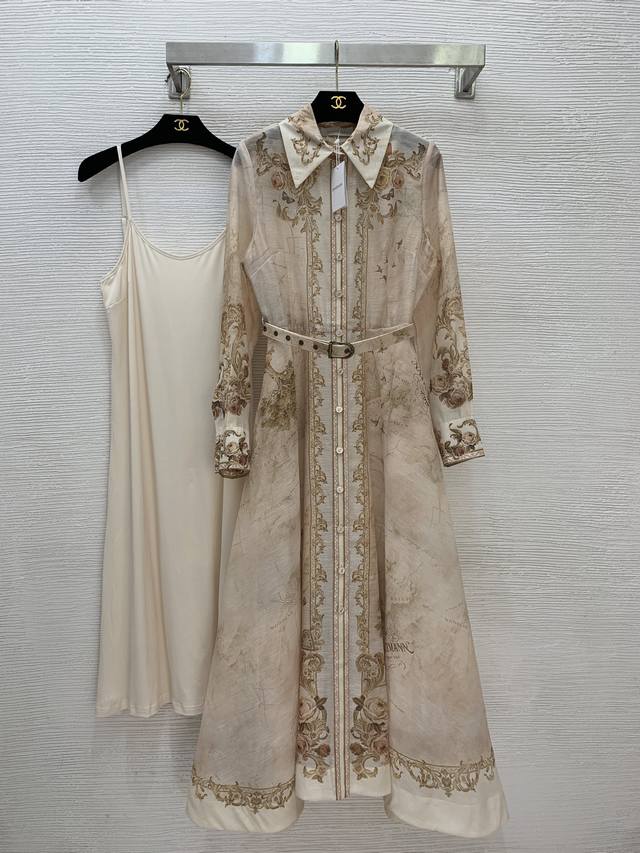 Zimmerma*N兹默曼澳洲品牌 高端定制花朵复古印花前排系扣翻领长袖收腰显瘦长款连衣裙纯色内搭高弹力吊带打底裙配腰带！1.2.3.4 Smlxl 2码：肩宽