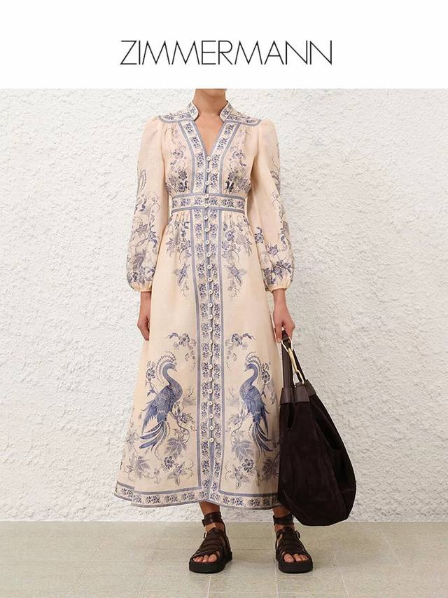Zimmerma*N兹默曼澳洲品牌 高端定制棉麻混纺面料、凤凰鸟花朵印花单排扣开襟小立领收腰显瘦长款灯笼袖连衣裙！1.2.3.4 Smlxl 2码：肩宽40，袖