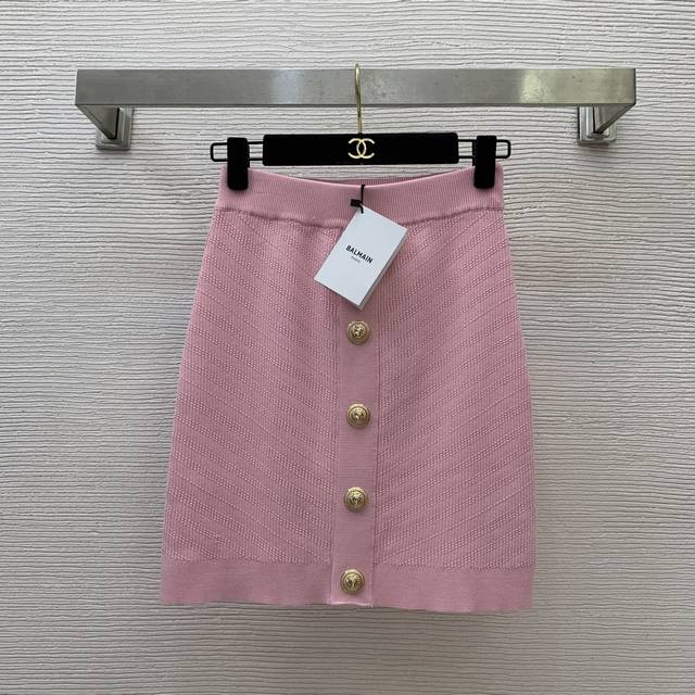 半裙 Balmai*新款高端定制 经典狮子头单排扣装饰、修身显瘦A字短裙弹力包臀半身裙！粉色，黑色， M码：腰围60～74松紧，裙长44 面料弹力大尺寸仅供参考