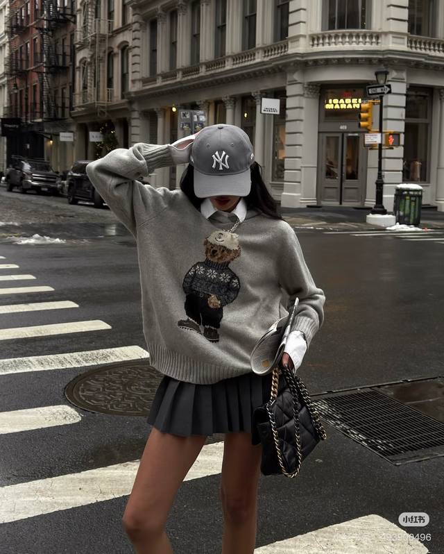 Ralph Laure*拉夫家Rl新款高端定制羊毛混纺纱线面料、费尔岛毛衣戴帽小熊Rl徽标装饰圆领套头长袖针织衫上衣！灰色， M码：肩宽38，胸围90，袖长58