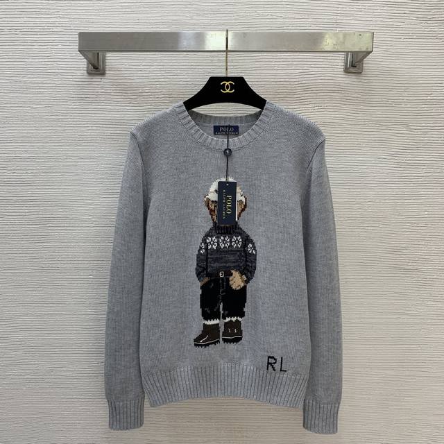 Ralph Laure*拉夫家Rl新款高端定制羊毛混纺纱线面料、费尔岛毛衣戴帽小熊Rl徽标装饰圆领套头长袖针织衫上衣！灰色， M码：肩宽38，胸围90，袖长58