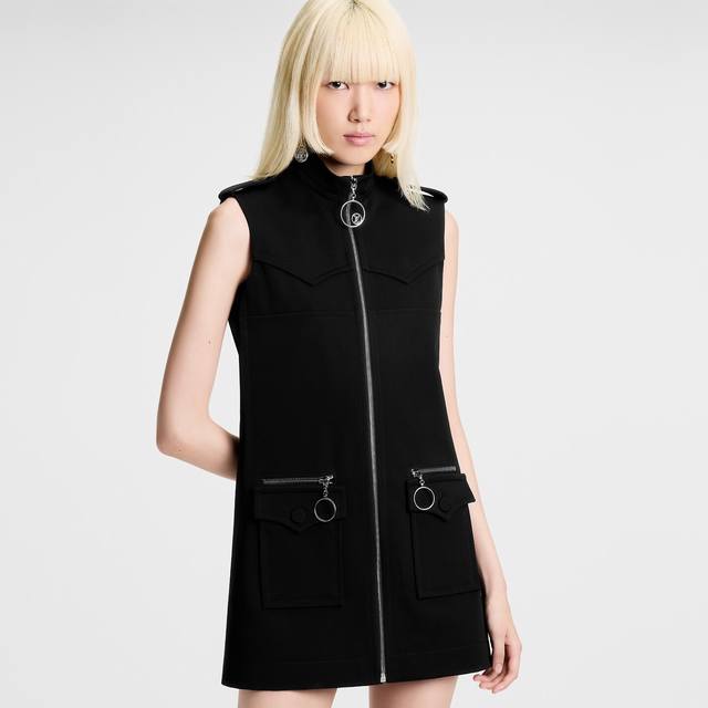 Louis*驴家Lv新款 明星刘亦菲仙女姐姐同款、酷帅工装风肩扣双口袋拉链门襟立领修身显瘦无袖背心连衣裙！黑色， M码：肩宽36，胸围94，裙长78