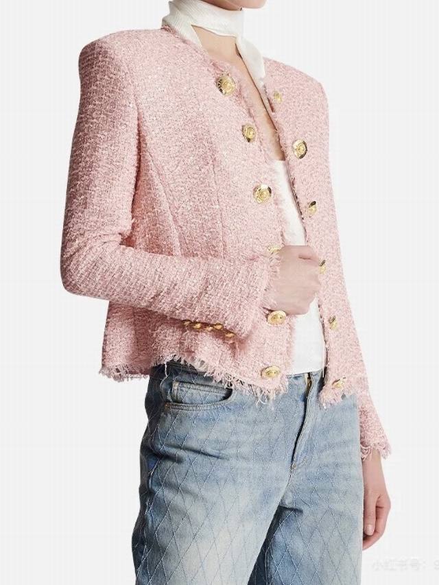 Balmai*巴曼家高端定制Blingbling闪闪亮片编织粗纺面料、金色双排扣修身显瘦短款长袖外套！粉色、黑色、 M码：肩宽41有垫肩，胸围92，袖长60，衣