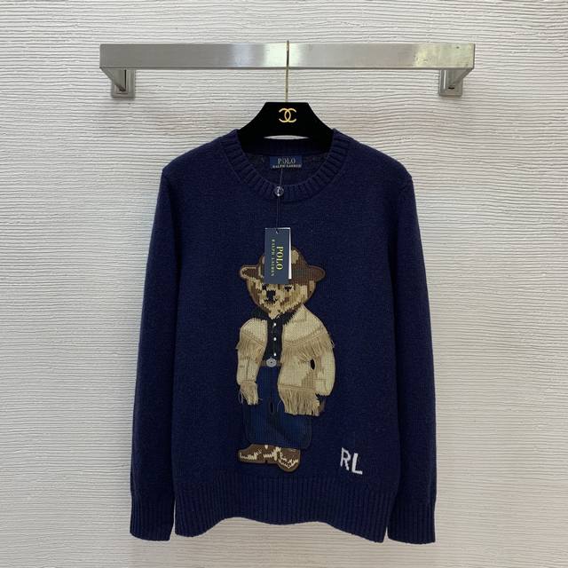Ralph Laure*拉夫家Rl新款 流苏外套戴帽小熊图案Rl字母徽标时尚百搭圆领套头长袖针织衫上衣！藏蓝色， M码：肩宽37，胸围96，袖长57，衣长61