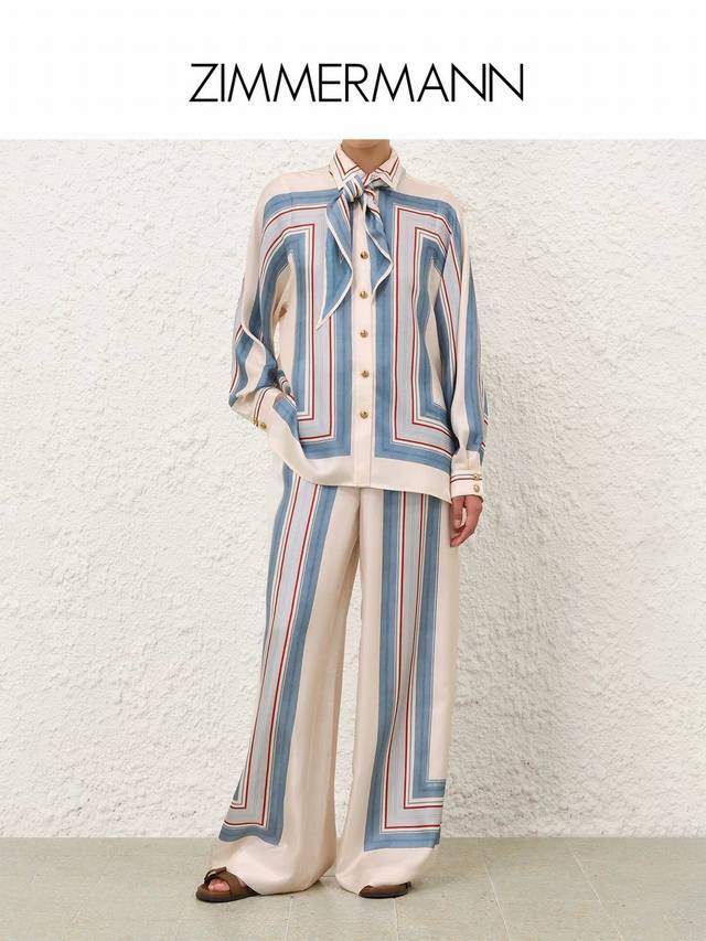 Zimmerma*N 兹默曼澳洲品牌 高端定制几何图案印花撞色条纹时尚两件套装！宽松版系扣翻领长袖衬衣 配送丝巾领巾 抽绳松紧腰宽松阔腿裤长裤！1.2.3.4