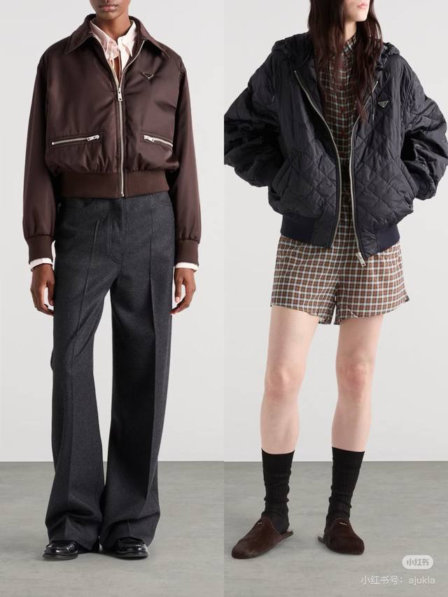 prad*秋冬新款 p家定制经典金属三角标Logo拉链口袋螺纹收口拼接短款长袖拉链门襟翻领加厚夹克棉服外套！深棕色， M码：肩宽48，胸围120，袖长56，衣长