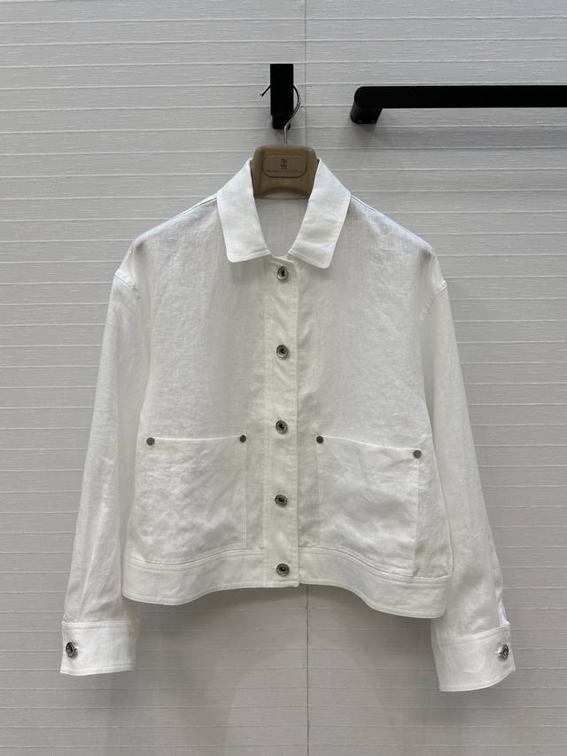 独家首发 原单品质，Bc老钱风穿搭！休闲双口袋亚麻翻领夹克外套！松弛感衣橱必备单品！进口100%亚麻面料轻盈透气质感超赞！铜链装饰意式奢华极简风。飒爽温柔经典H