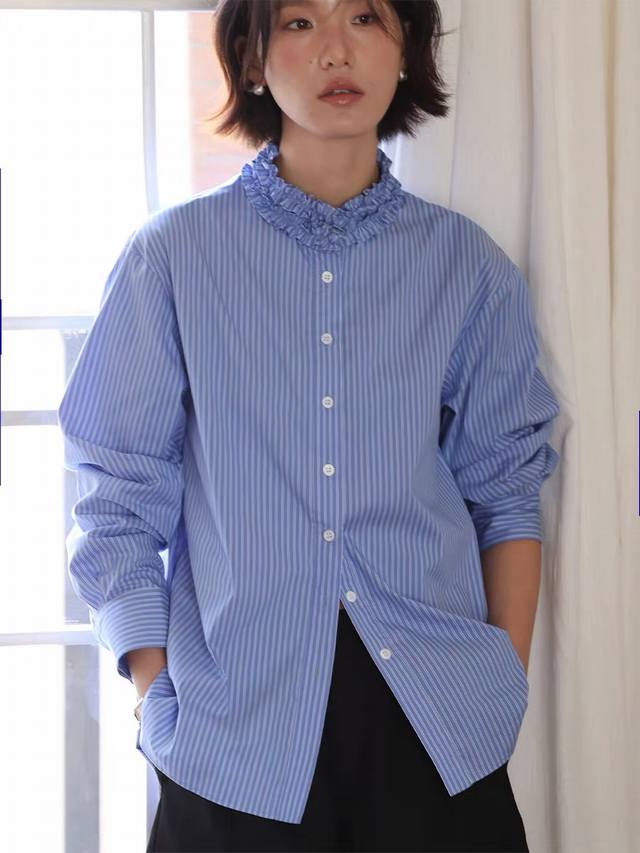 法式复古设计感气质显瘦蓝色条纹衬衫 一色三码Sml 面料:棉