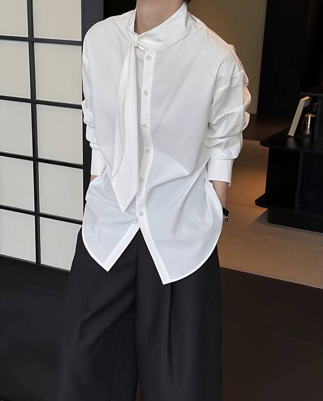 早春新款欧货设计感法式立领飘带简约衬衫 两色三码Sml 面料:棉