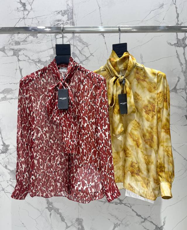 圣家新款蝴蝶結花卉印花真丝衬衫 低调奢华 显白高级 轻肤 细腻的光泽，低调的奢华又柔软的触感 真丝 Sml