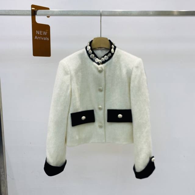 新款轻奢重工订珠领撞色单排扣镶钻毛毛短羽绒外套上衣Sml