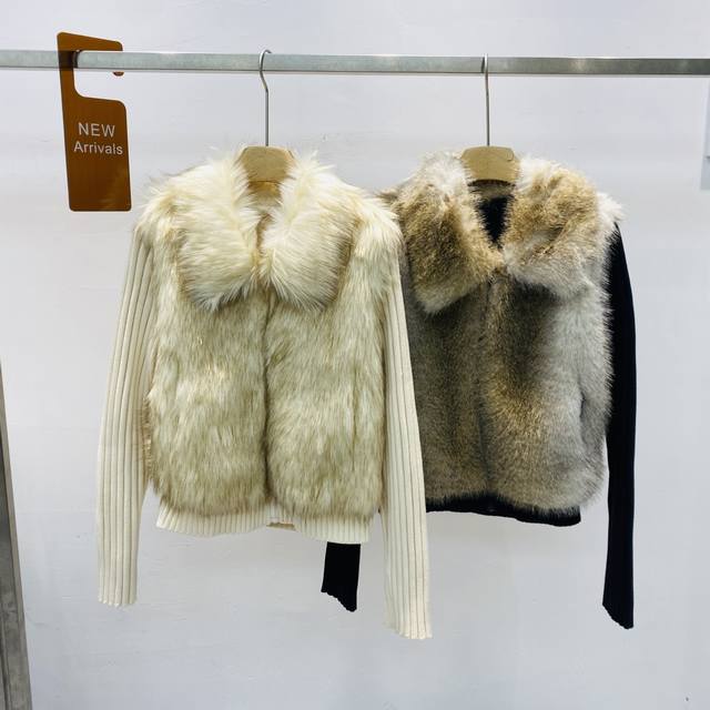 新款环保狐狸毛仿皮草双色定染复古翻领拼接假两件毛毛外套Sml