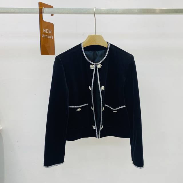 新款简约气质小香风撞色重工水钻走边拼接设计短款外套上衣Smlxl