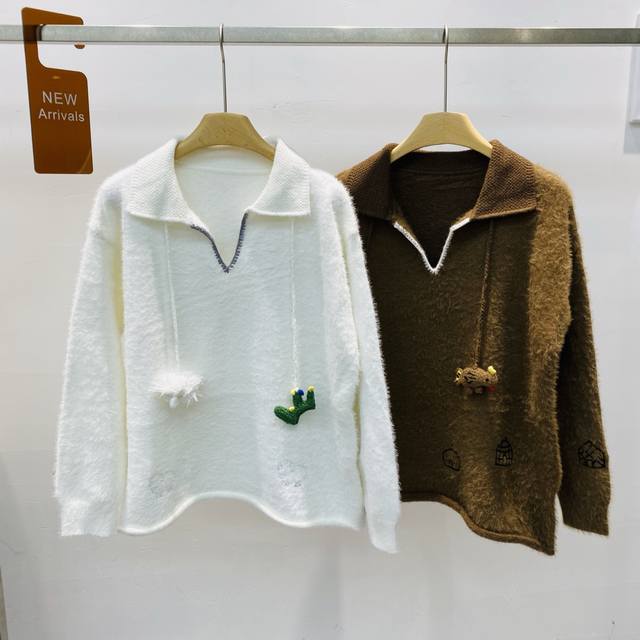 新款半开领羊绒玩偶挂饰设计感小众针织羊毛上衣Sml