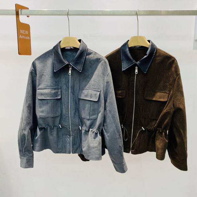 新款复古拼接皮领麂皮绒洋气百搭夹克外套上衣Smlxl