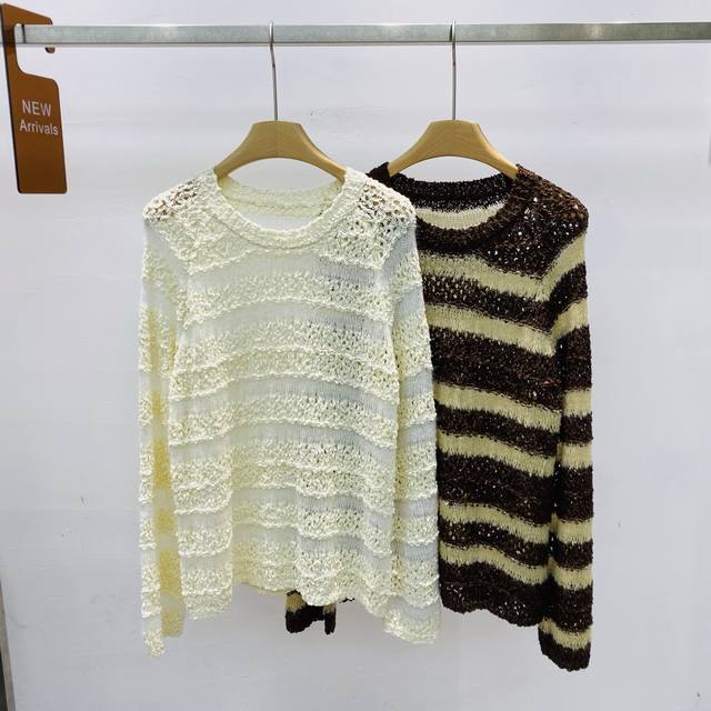 新款拼色条纹圆领针织羊毛镂空设计百搭长袖圆领上衣Sml