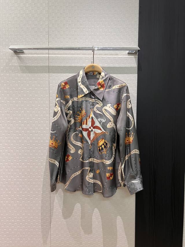 新款皇冠飘带定位印花真丝斜纹真丝衬衣 重磅真丝 简约时尚 通勤百搭 名媛气质 S-Xl