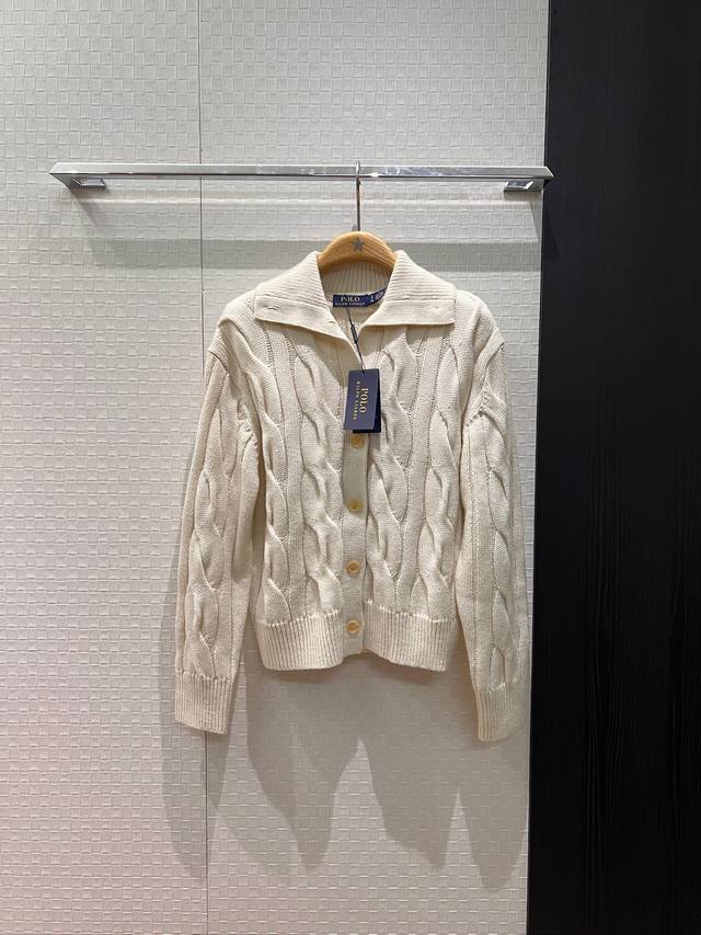 新款polo翻领麻花纹羊毛针织开衫外套 老钱风 休闲百搭 慵懒减龄 灰色白色 Sml